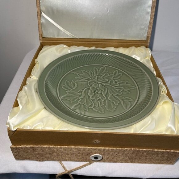 YUE DYNASTY KILN CELADON kiln glaze flower design dish decor Green  box - Picture 2 of 8